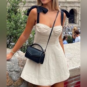 Zara mini dress beige black ribbon tie